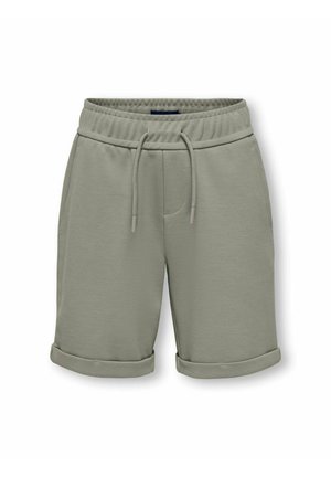 Lysegrønne afslappede shorts med elastisk linning, snøre, sidelommer og opkrængede kanter på en hvid baggrund.