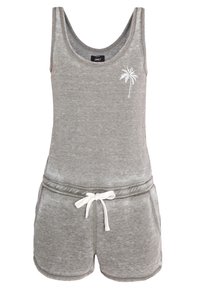 Mono de algodón gris con tirantes, escote redondo, estampado de palmeras blancas, cintura elástica y detalle de cordón. Ajuste suave y casual.