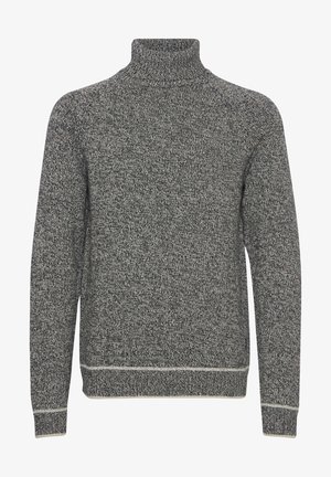 Pelēks adīts augsta apkakle džemperis ar teksturētu rakstu. Tam ir augsta apkakle un ribotais apakšmala un piedurknes, nodrošinot komfortablu piegulšanu.