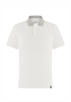 Polo blanc à manches courtes avec col gris clair et patte de boutonnage à deux boutons, comprenant une petite étiquette logo noire à l’ourlet.