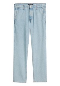 Jasnoniebieskie dżinsy o prostym kroju nogawki, z wstawkami na pasek, przednimi kieszeniami i zapięciem na guzik w talii.