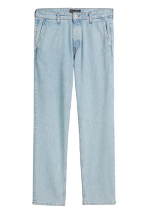 Pantalons en denim bleu clair avec une coupe droite, dotés de passants de ceinture, de poches avant et d'une fermeture à bouton à la taille.