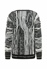 Schwarz-weiß gemusterter Pullover mit komplexen gewebten Strukturen, ausgestattet mit einem gerundeten Ausschnitt sowie gerippten Bündchen an Ärmeln und Saum.