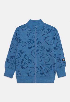 Veste bleue zippée avec motifs d’oiseaux foncés et poignets et col côtelés, conçue pour les enfants.