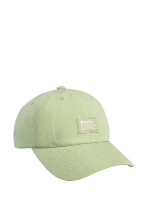 Light green baseball cap with curved brim and a small rectangular patch reading "REELL Established 1997" on the front.