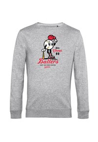Grå sweatshirt med en tecknad basebollkaraktär som har en röd hatt och en klubba. Texten lyder "Ohio Champs 89" och "Ballers" i röd skrift.