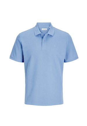 Heled sinine lühikeste varrukatega polo särk, mis on tekstuuriga mustriga, klassikalise kraega ja diskreetse logoga rinnal. Valmistatud hingavast kangast.