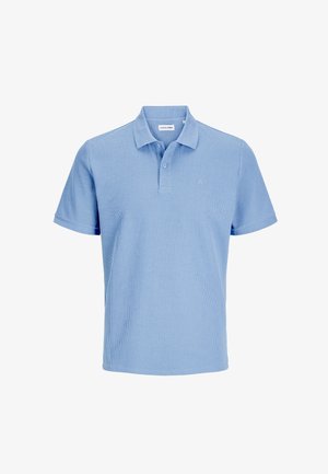 Heled sinine lühikeste varrukatega polo särk, mis on tekstuuriga mustriga, klassikalise kraega ja diskreetse logoga rinnal. Valmistatud hingavast kangast.