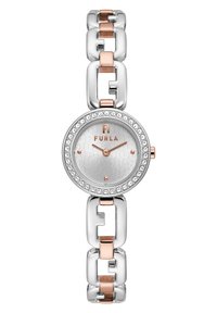 Montre Furla avec un cadran circulaire argenté, des accents en or rose et un bracelet à maillons argentés. Dispose d'une lunette ornée de cristaux et d'un cadran à motif.