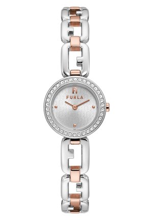 Montre Furla avec un cadran circulaire argenté, des accents en or rose et un bracelet à maillons argentés. Dispose d'une lunette ornée de cristaux et d'un cadran à motif.