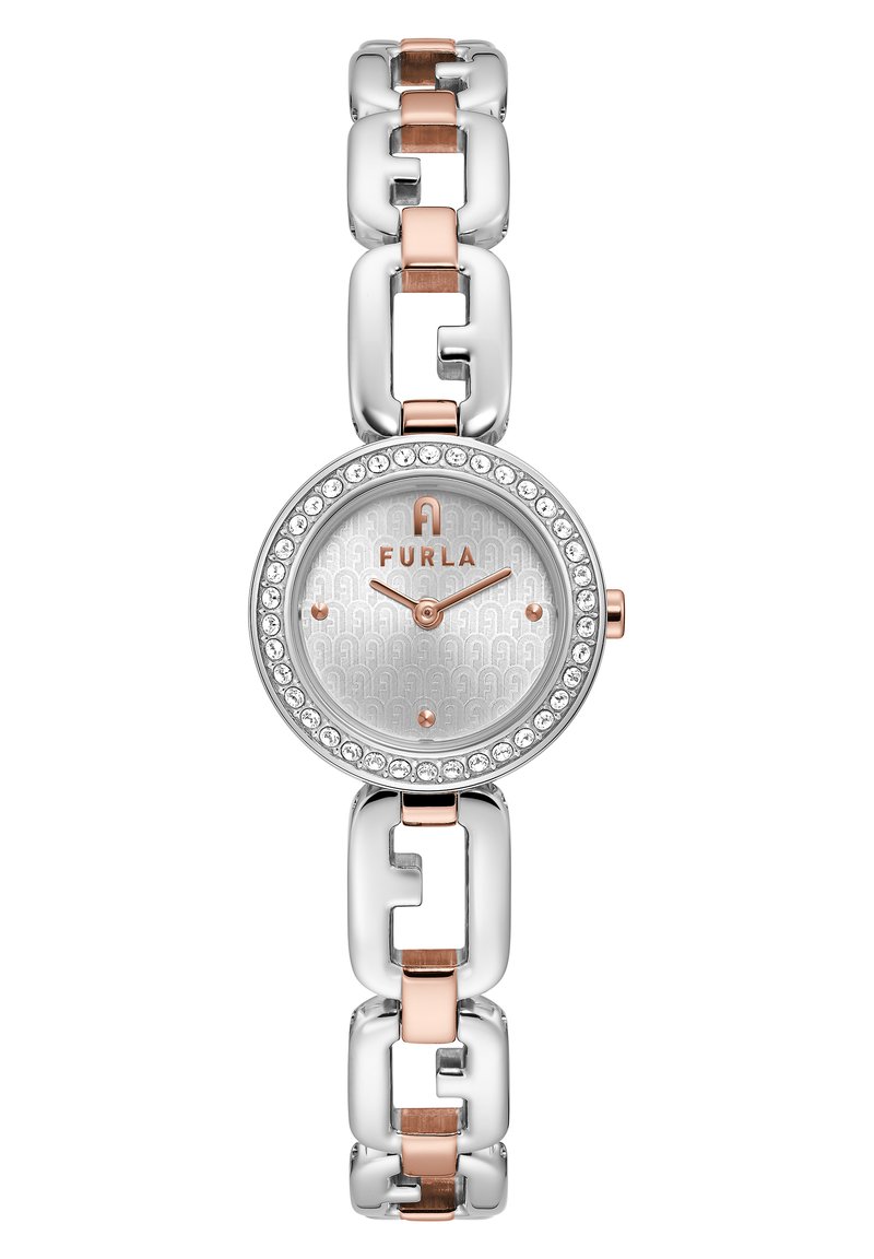 Montre Furla avec un cadran circulaire argenté, des accents en or rose et un bracelet à maillons argentés. Dispose d'une lunette ornée de cristaux et d'un cadran à motif.
