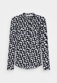 Camisa negra de manga larga con un patrón floral blanco, que presenta un cuello tipo punta, frente abotonado y dobladillo redondeado. Textura de tela suave.