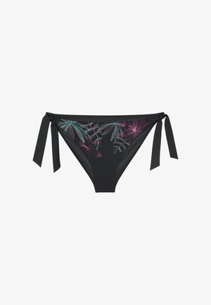 Schwarzer Bikini-Slip mit seitlichen Bändern, verziert mit grünen und pinken tropischen Blattmustern im vorderen oberen Bereich.