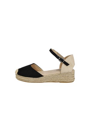 Sandalia espadrille de cuña negra y beige con plataforma tejida, punta cerrada, tira en el tobillo y cierre de hebilla.