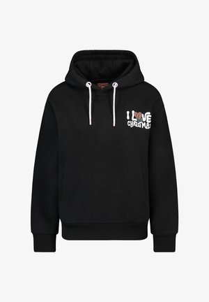 Schwarzer Hoodie mit Fronttasche, Kordelzugkapuze und dem Schriftzug „I ❤️ Christmas“ in bunter Schrift, mit einem Herz-Design.