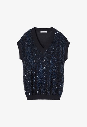Haut à manches courtes, bleu marine, avec des sequins et un décolleté en V. Présente des sequins brillants et des bords côtelés sur les manches et l'ourlet.