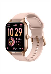 Smartwatch con display quadrato, cornice in metallo color oro rosa e cinturino in silicone rosa chiaro. Mostra dati sanitari colorati sullo schermo.