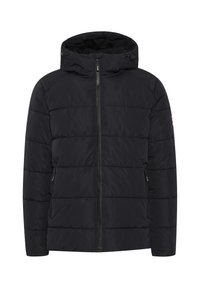 Schwarze Daunenjacke mit Reißverschluss, zwei seitlichen Taschen und Kapuze. Mit horizontalen Nähten und einem leichten Glanz. Leicht und isoliert.