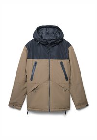 Pikowana kurtka z czarnym kapturem i górną częścią, beżową dolną częścią, zamek błyskawiczny z przodu oraz dwiema zapinanymi na zamek kieszeniami na piersi.