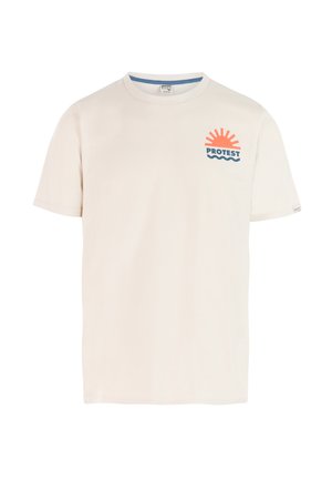 Cream cotton t-shirt with short sleeves. Features a graphic of a rising sun and waves in orange and blue on the left chest area.