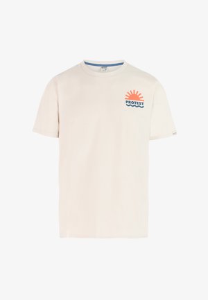 Cream cotton t-shirt with short sleeves. Features a graphic of a rising sun and waves in orange and blue on the left chest area.