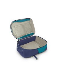 Bolsa de lona vertical en azul marino y verde azulado, con forma rectangular y un interior beige. Cuenta con un bolsillo de malla y compartimentos organizativos.
