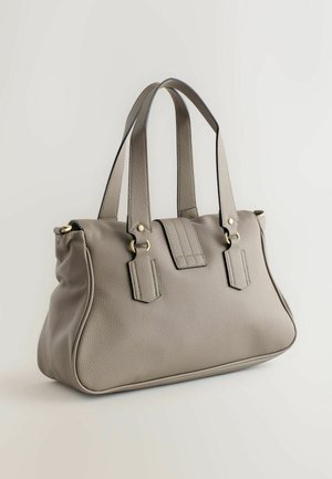 Szara skórzana torebka z dwoma krótkimi uchwytami, zdobiona przeszyciami, złotymi metalowymi elementami oraz o usztywnionym kształcie. Powierzchnia o fakturze z gładkimi krawędziami.