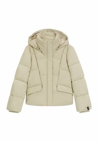 Puffjakke i lys beige med hætte, lynlås og to frontlommer. Lavet af quiltet materiale med en glat overflade.