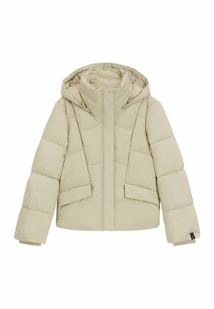 Giacca puffa in beige chiaro, con cappuccio, chiusura a zip e due tasche frontali. Realizzata in materiale trapuntato con una finitura liscia.
