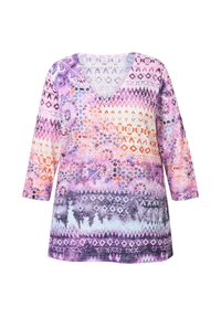 V-Ausschnitt-Tunika mit Drei-Viertel-Ärmeln, die ein mehrfarbiges Muster aus lila, orange und blauen geometrischen und floralen Designs aufweist.