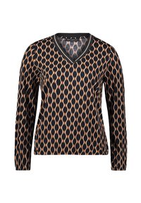 Top a maniche lunghe a V in nero con un motivo geometrico color beige. Tessuto morbido con una leggera lucentezza. Rifinitura a contrasto sul colletto.