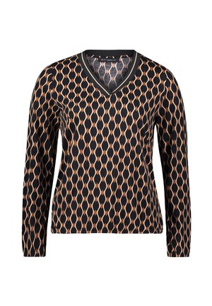 Top a maniche lunghe a V in nero con un motivo geometrico color beige. Tessuto morbido con una leggera lucentezza. Rifinitura a contrasto sul colletto.