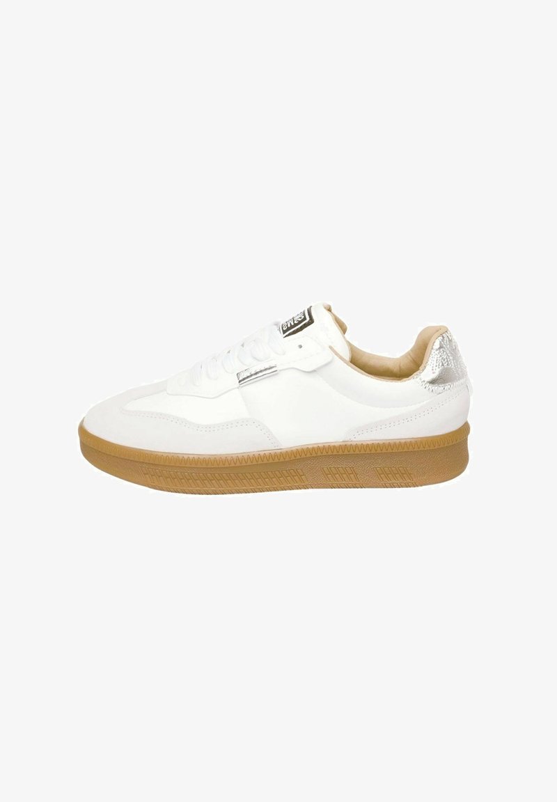 Weißer Sneaker mit einem glatten Leder-Obermaterial, Gummigummisohle und silbernen Akzenten an der Ferse. Verfügt über runde Schnürsenkel und einen gepolsterten Schaft.