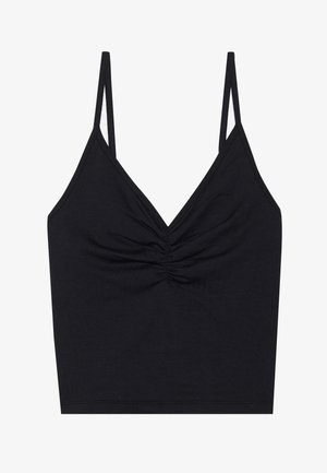 Black cropped top with adjustable thin straps, featuring a v-neck and gathered detailing at the center, made from soft cotton blend fabric.