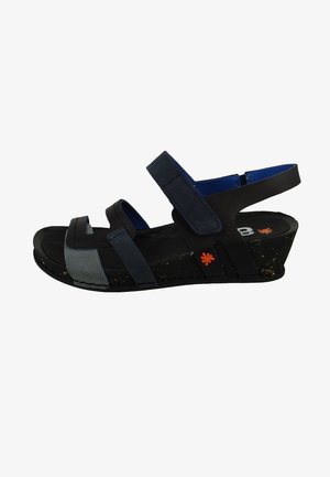 Black and gray wedge sandal with adjustable straps, cork sole, blue inner lining, and orange flower accent. Comfortable design for casual wear.