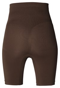 Højtaljede, sømløse brune formende shorts med midt-lår længde og forstærkede syninger omkring skridtområdet.