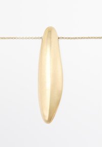 Guld hängsmycke med en avlång, oval form och slät, reflekterande yta. Upphängd på en delikat kedja.