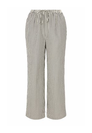 Locker sitzende Hose mit schwarz-weißen vertikalen Streifen, elastischem Bund und vorderseitiger Kordel zum Binden.