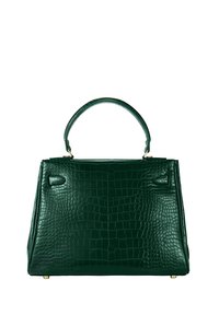 Zielona torebka ze skóry wytłaczanej w wzór krokodyla o sztywnym kształcie, z górnym uchwytem i złotymi akcentami na podstawie.