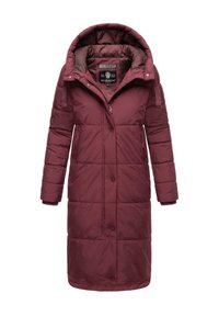 Burgundy puffjak med avtagbar huva, långa ärmar, dragkedja och knappstängning, samt sidofickor. Slät, isolerad tyg med horisontell quiltning.