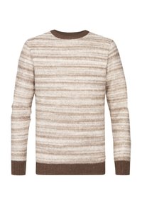 Beige und braun gestreifter Pullover, aus strukturiertem Stoff gefertigt, mit einem gerippten runden Ausschnitt und gerippten Bündchen. Keine sichtbaren Logos oder Verzierungen.