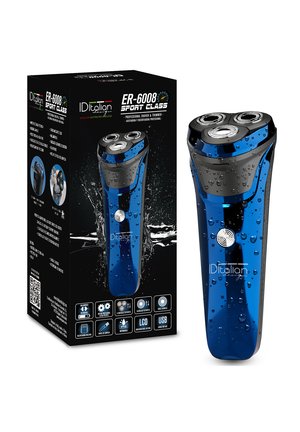 Rasoir électrique bleu et noir avec trois lames circulaires et des gouttes d'eau, à côté de sa boîte noire montrant le même rasoir.