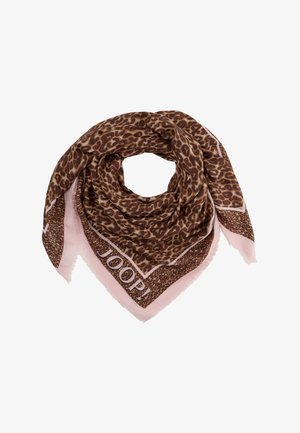 Braun-beige Leopardenmuster-Schal mit hellrosa Rand und "JOOP!"-Schriftzug, locker zu einem Dreieck gefaltet mit ausgefransten Kanten.