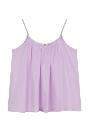 Lila blouse met dunne bandjes, losse pasvorm, geplooide stof bij de halslijn en een gladde textuur. Geen zichtbare patronen of bevestigingen.