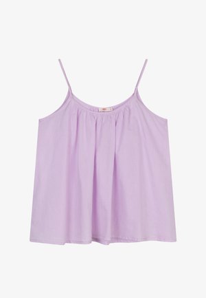 Lila blouse met dunne bandjes, losse pasvorm, geplooide stof bij de halslijn en een gladde textuur. Geen zichtbare patronen of bevestigingen.