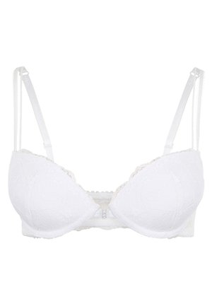 Hvit blonde-BH med polstrede kopper, justerbare stropper og en delikat bølget kant. Har en liten frontlukking med et dekorativt element.