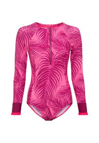 Bañador de manga larga con un patrón de hojas de palma en tonos rosa y púrpura, cierre frontal con cremallera y puños en contraste. Fabricado con tela elástica.