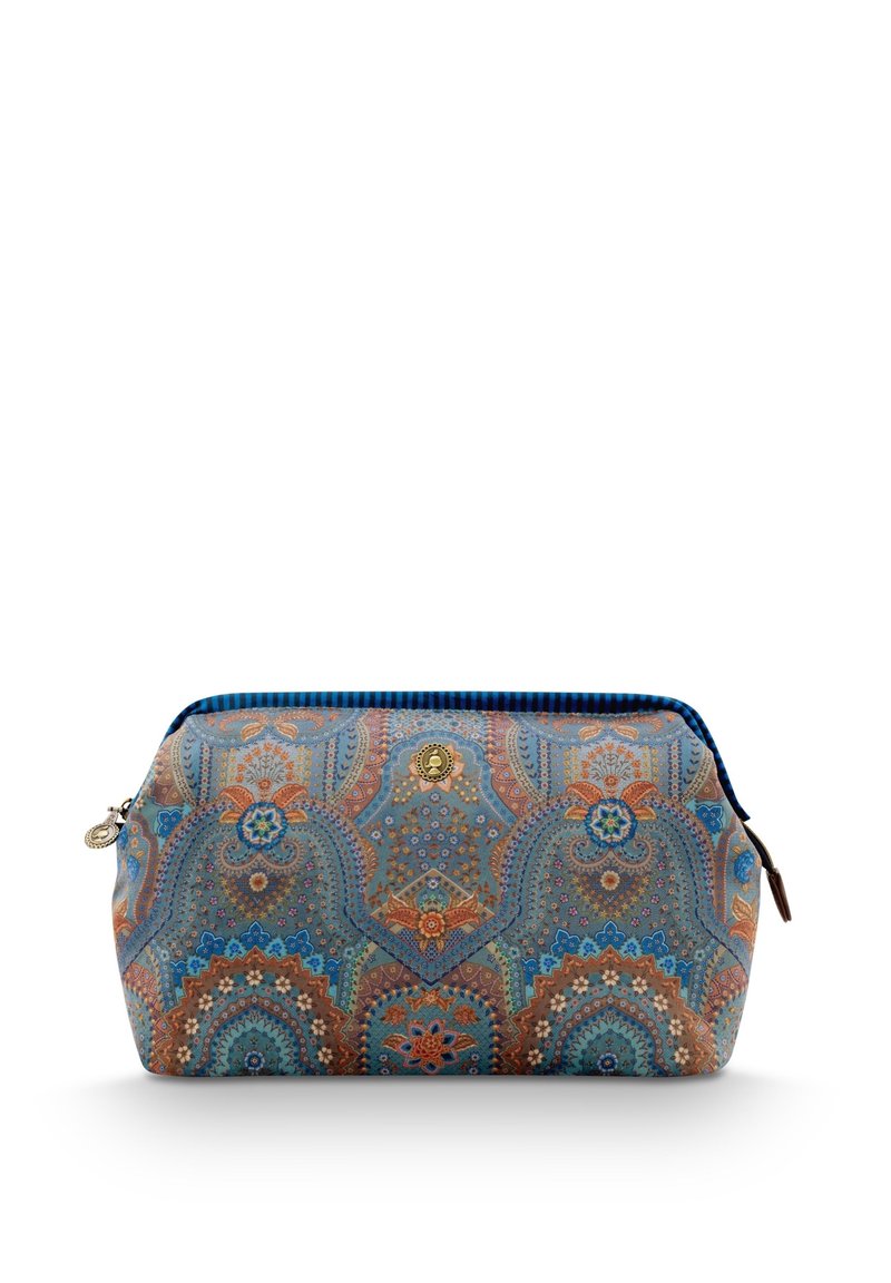 Cosmetic bag with a rounded shape, featuring a blue and orange paisley pattern, a metallic zipper, and a gold logo accent. Fabric texture.
