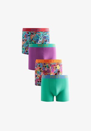 Four pairs of men's underwear with various patterns and colors: blue with colorful designs, solid purple, vibrant pink, and green.