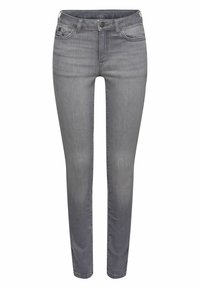 Grey denim skinny jeans with a fitted silhouette, traditional five-pocket design, and a metal button closure at the waistband.